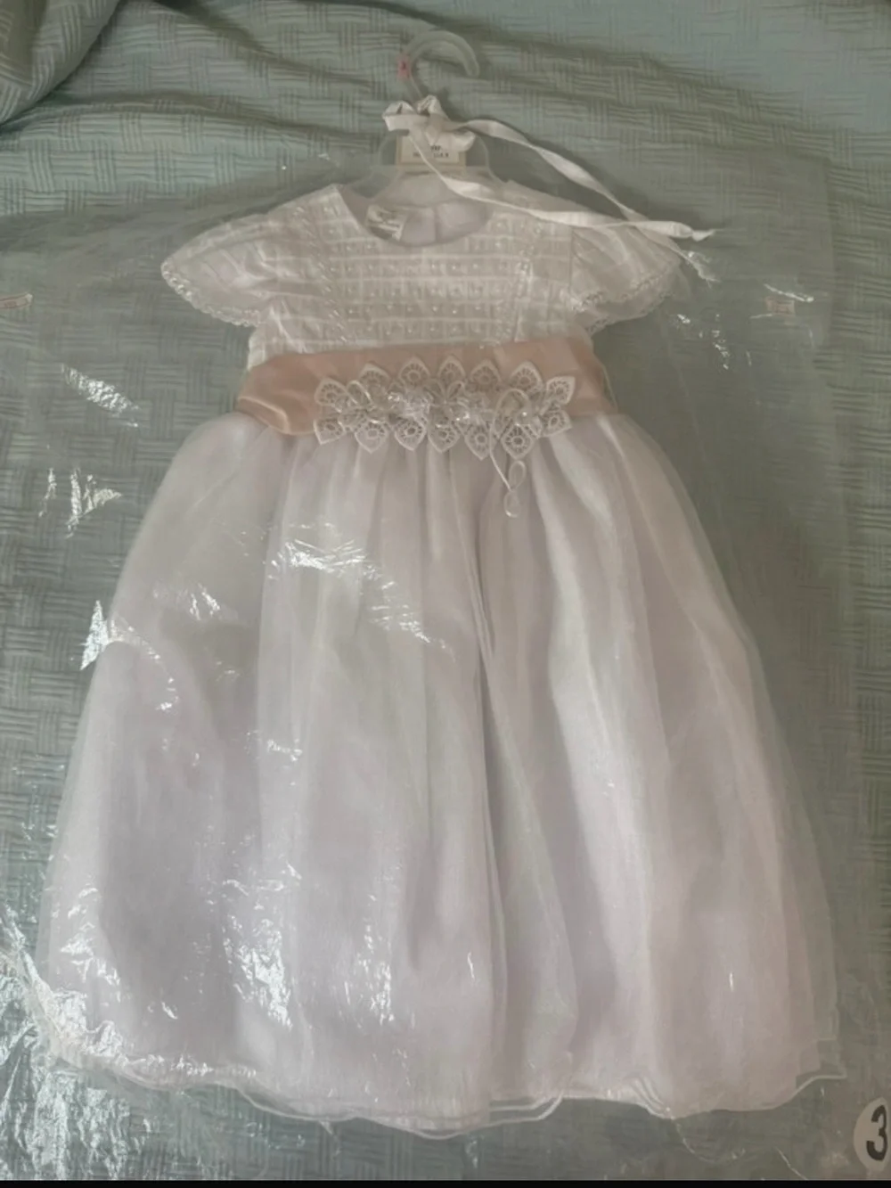 White Formal Tulle Dress with Blush Sash